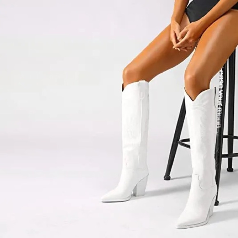 ISNOM Women's Western Boots Knee High Boots, Cowboy Cowgirl White, 10